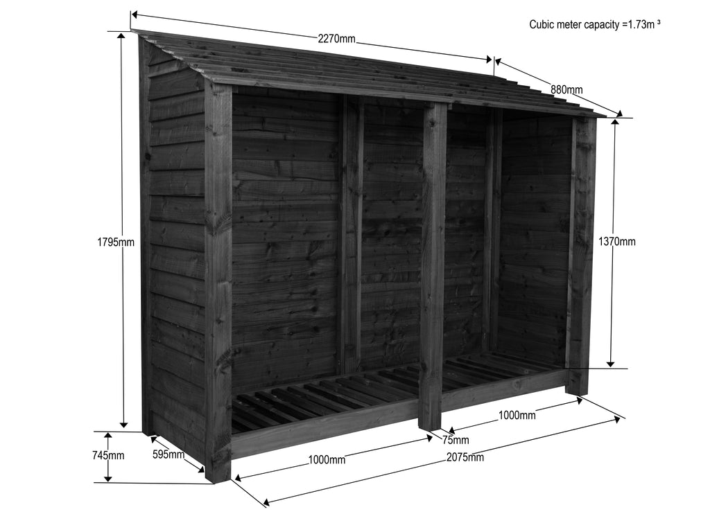 Wooden Log Store W-227cm, H-126cm or 180cm, D-88cm - Brown Finish