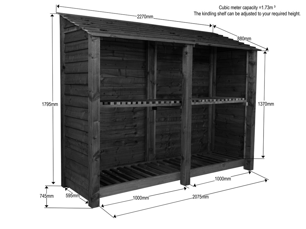 Slatted Wooden Log Store with Shelf W-227cm, H-126cm or 180cm, D-88cm