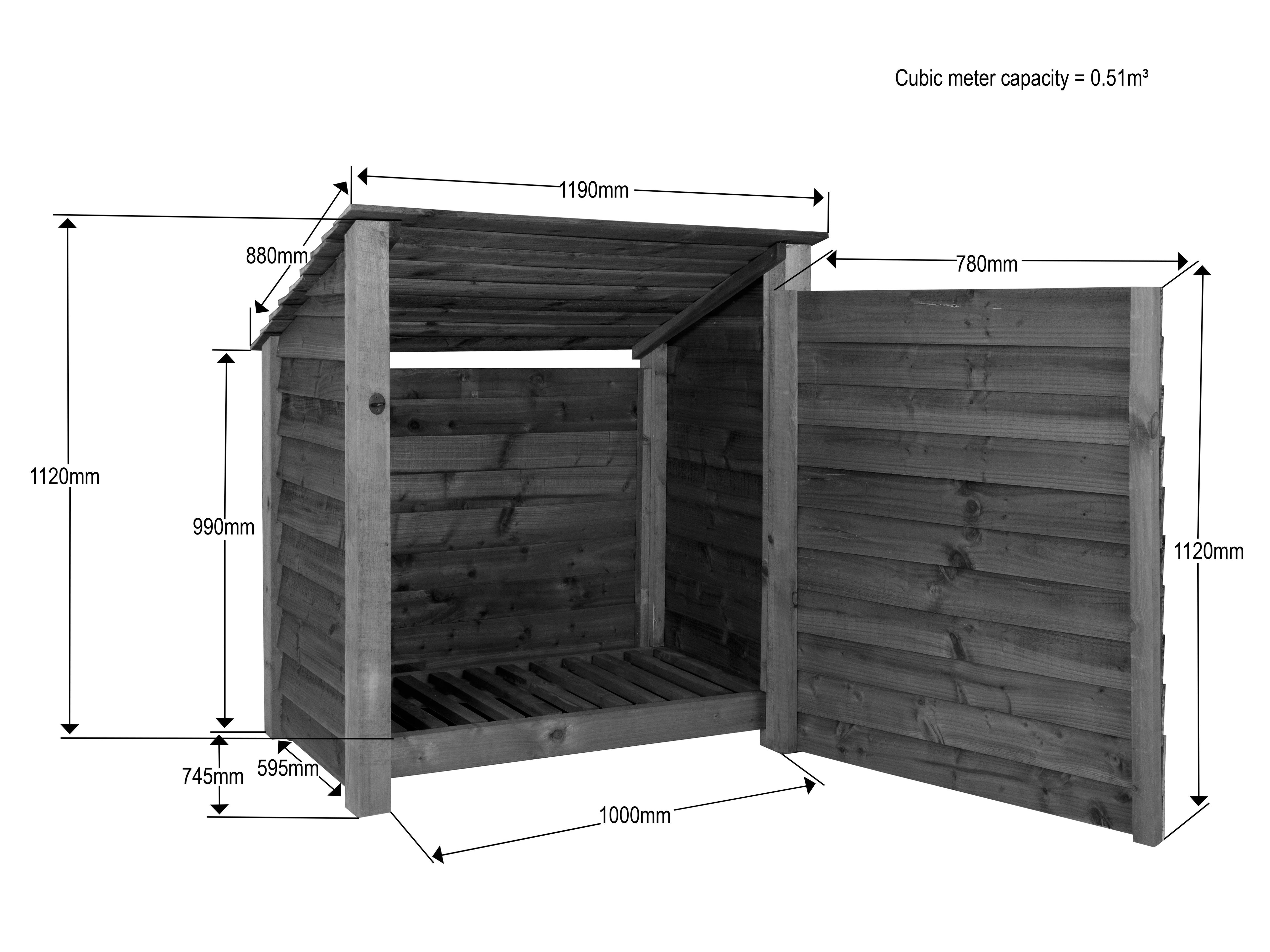 Wooden Log Store (Roof Sloping Back) with Door W-119cm, H-126cm or 180cm, D-88cm - Brown Finish