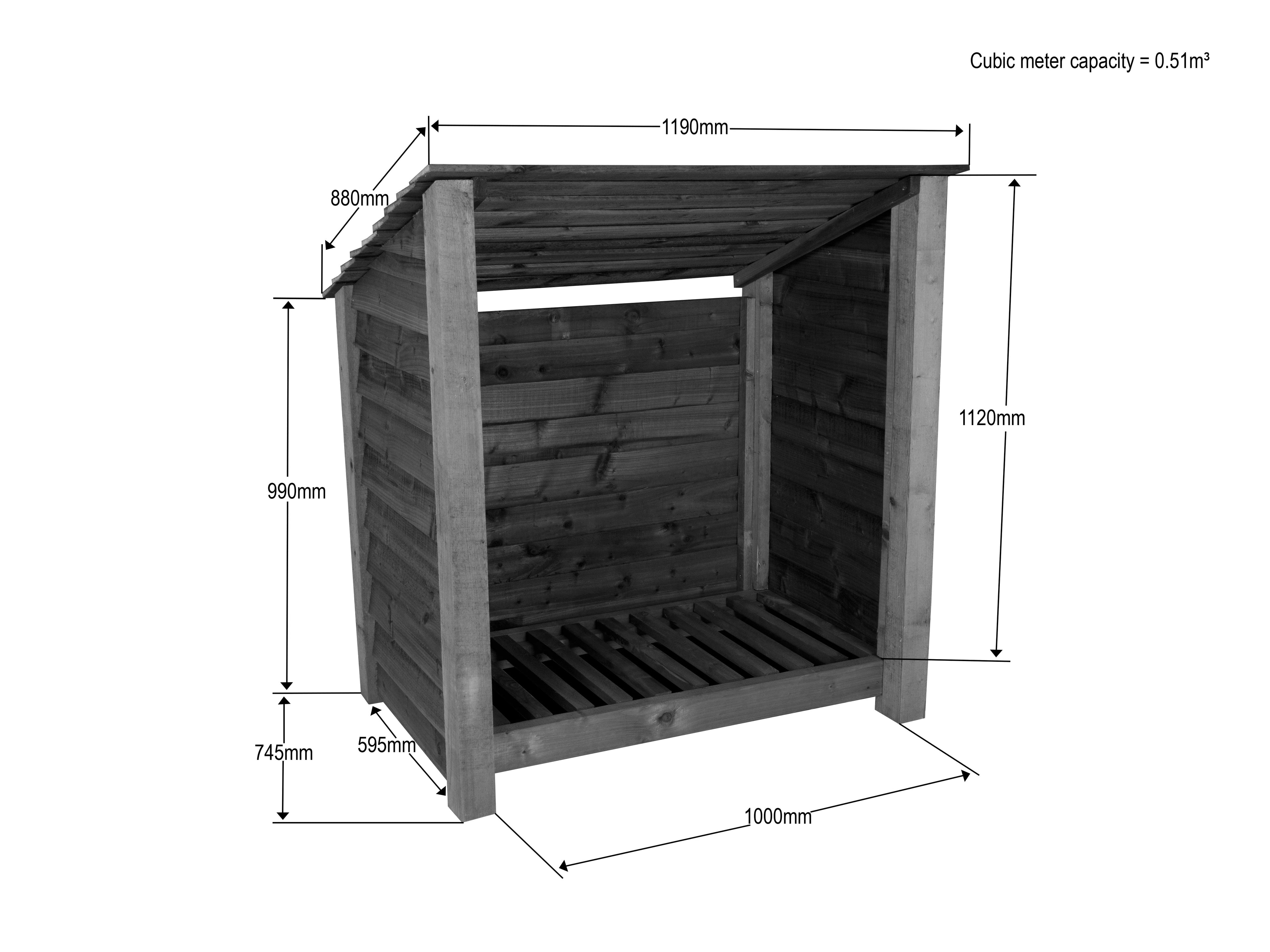 Wooden Log Store (Roof Sloping Back) W-119cm, H-126cm or 180cm, D-88cm - Brown Finish