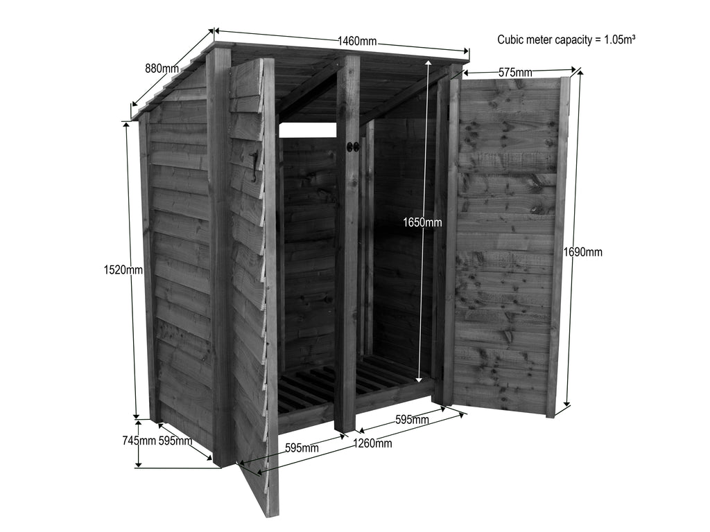 Wooden Garden Tool Storage (Roof Sloping Back) W-146cm, H-126cm or 180cm, D-88cm
