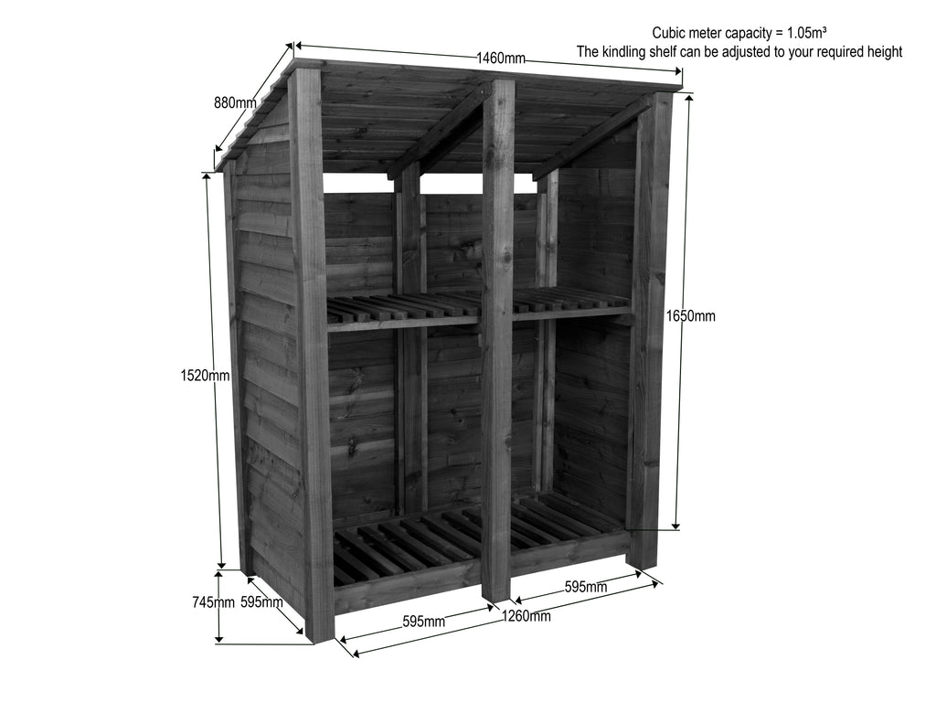 Wooden Log Store (Roof Sloping Back) with Shelf W-146cm, H-126cm or 180cm, D-88cm - Brown Finish