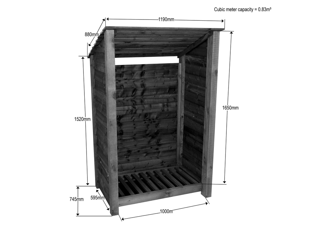 Wooden Log Store (Roof Sloping Back) W-119cm, H-126cm Or 180cm, D-88cm