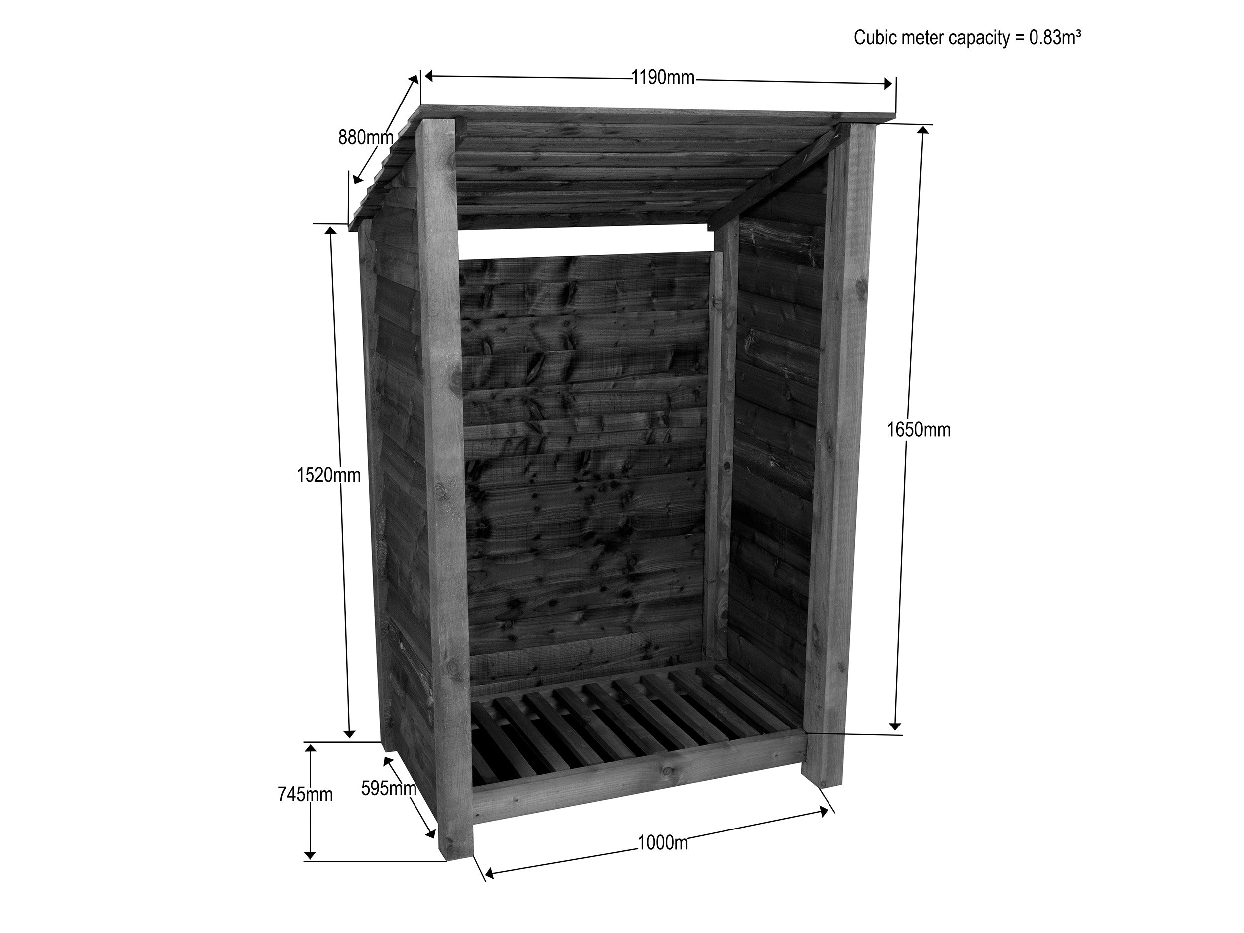 Wooden Log Store (Roof Sloping Back) W-119cm, H-126cm Or 180cm, D-88cm