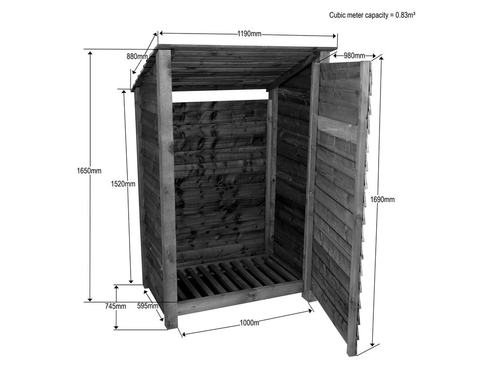 Wooden Garden Tool Storage (Roof Sloping Back) W-119cm, H-126cm or 180cm, D-88cm - Brown Finish