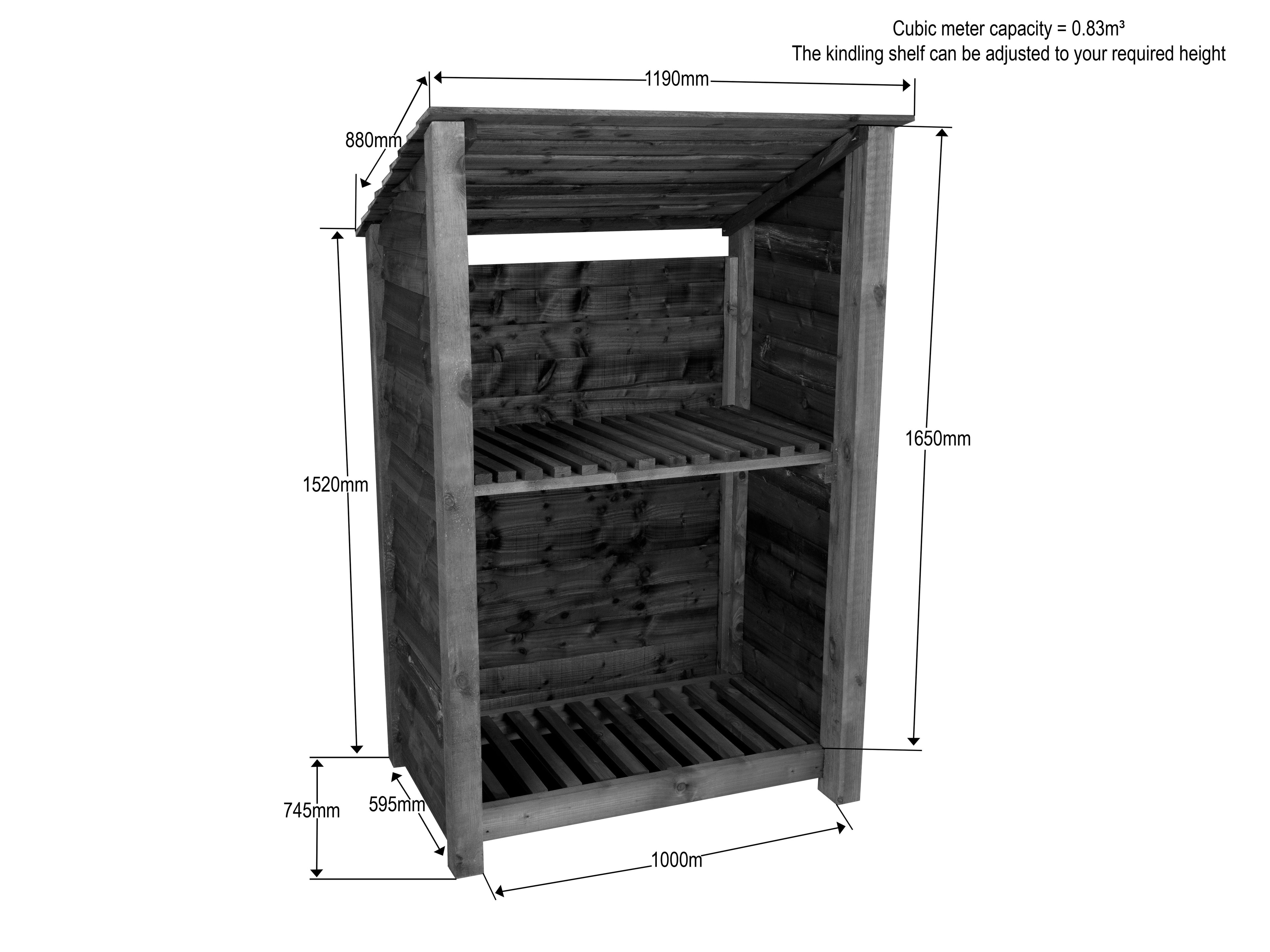 Wooden Log Store (Roof Sloping Back) with Shelf W-119cm, H-126cm Or 180cm, D-88cm