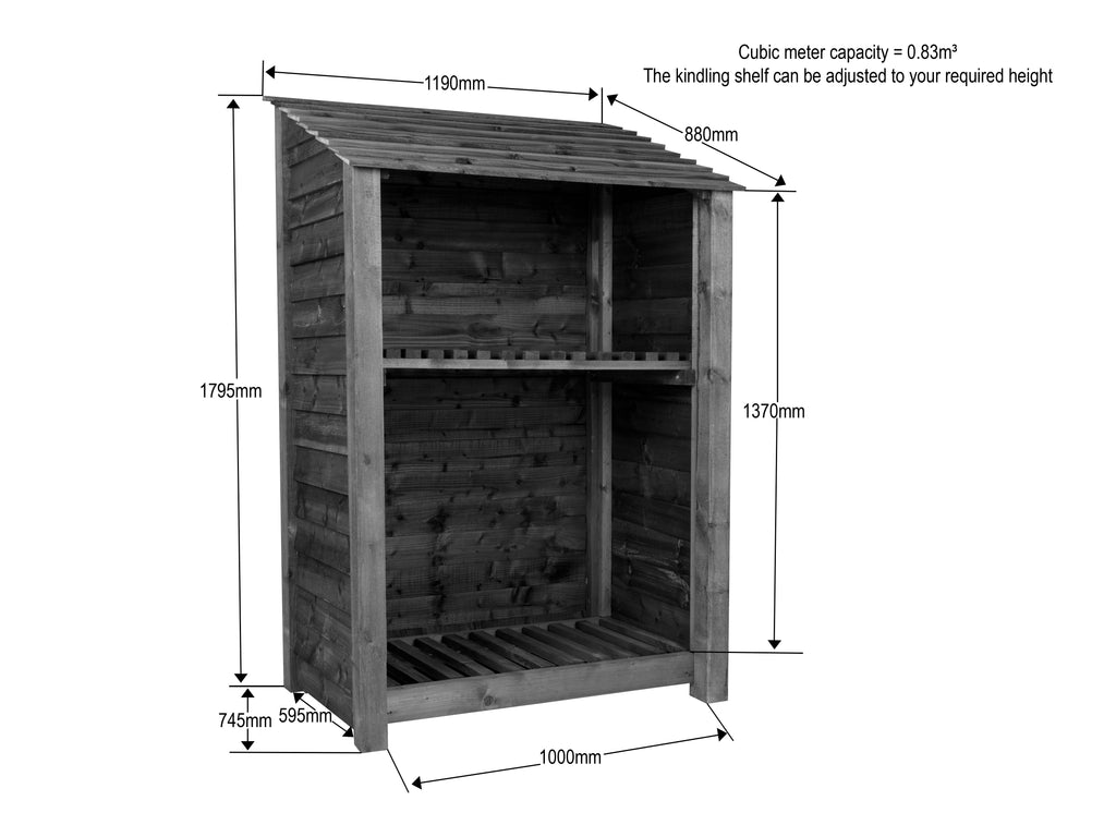 Wooden Log Store with Shelf W-119cm, H-126cm or 180cm, D-88cm - Brown Finish