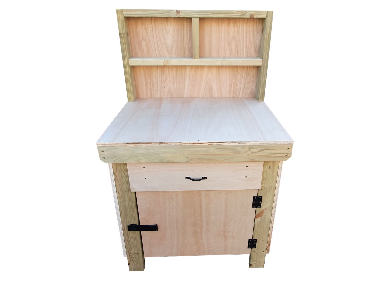 Wooden MDF top storage workbench with lockable cupboard and drawers (V.4) with back