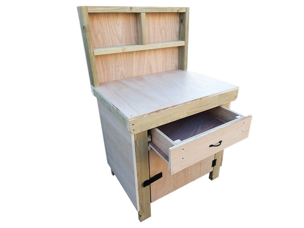 Wooden MDF top storage workbench with lockable cupboard and drawers (V.4) with back