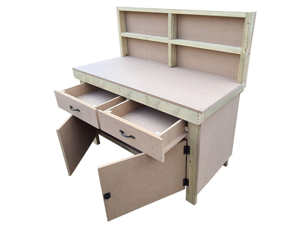 Wooden MDF top storage workbench with lockable cupboard and drawers (V.4) with back