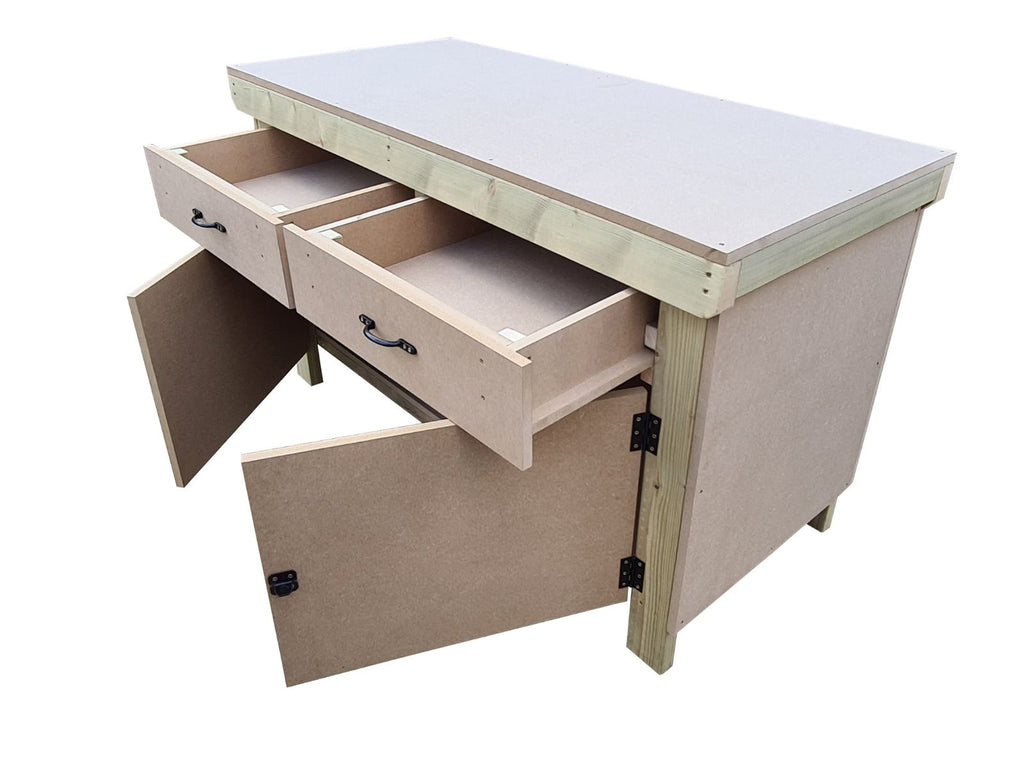 Wooden MDF top storage workbench with lockable cupboard and drawers (V.4)