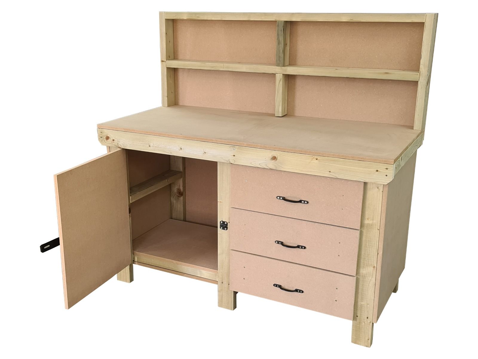 Wooden MDF top workbench, tool cabinet with lockable cupboard (V.3) with back