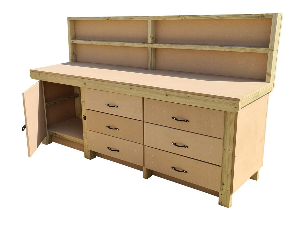Wooden MDF top workbench, tool cabinet with lockable cupboard (V.3) with back