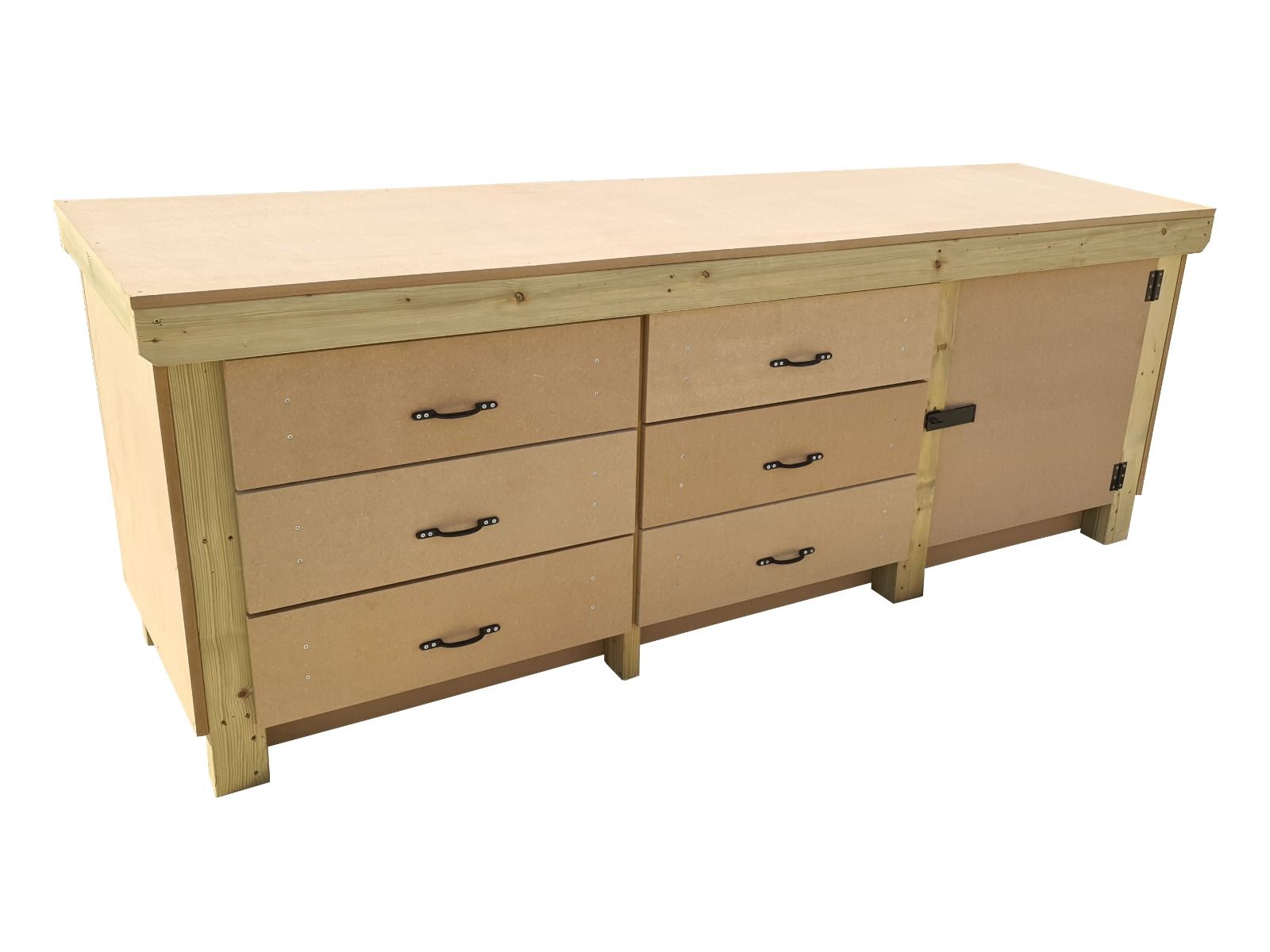 Wooden MDF top workbench, tool cabinet with lockable cupboard (V.3) double shelf