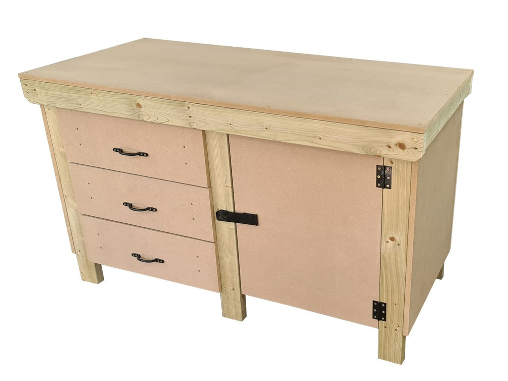 Wooden MDF top workbench, tool cabinet with lockable cupboard (V.3) double shelf