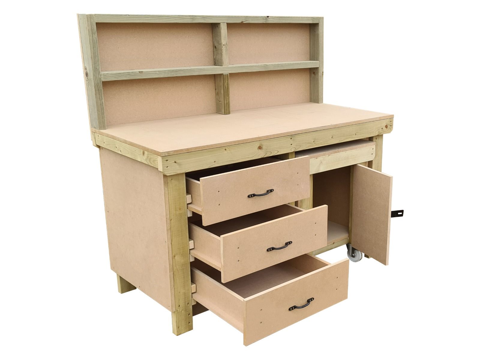 Wooden MDF top workbench with drawers, back panel and functional lockable cupboard (V.6)