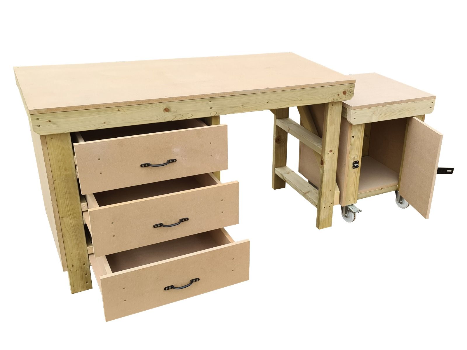 Wooden MDF top workbench with drawers and functional lockable cupboard (V.6)