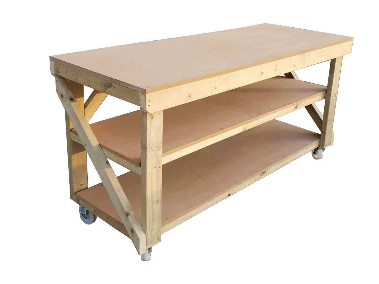 Wooden MDF top Workbench with double shelf and wheels