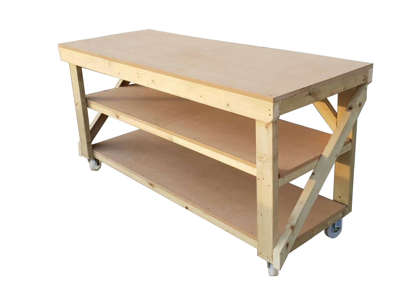 Wooden MDF top Workbench with double shelf and wheels