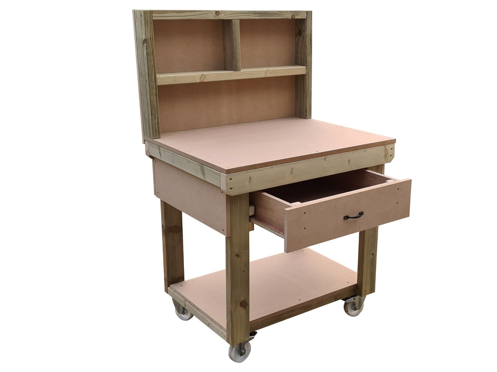 Wooden MDF  workbench, tool cabinet with drawer (V.1) with back and wheels