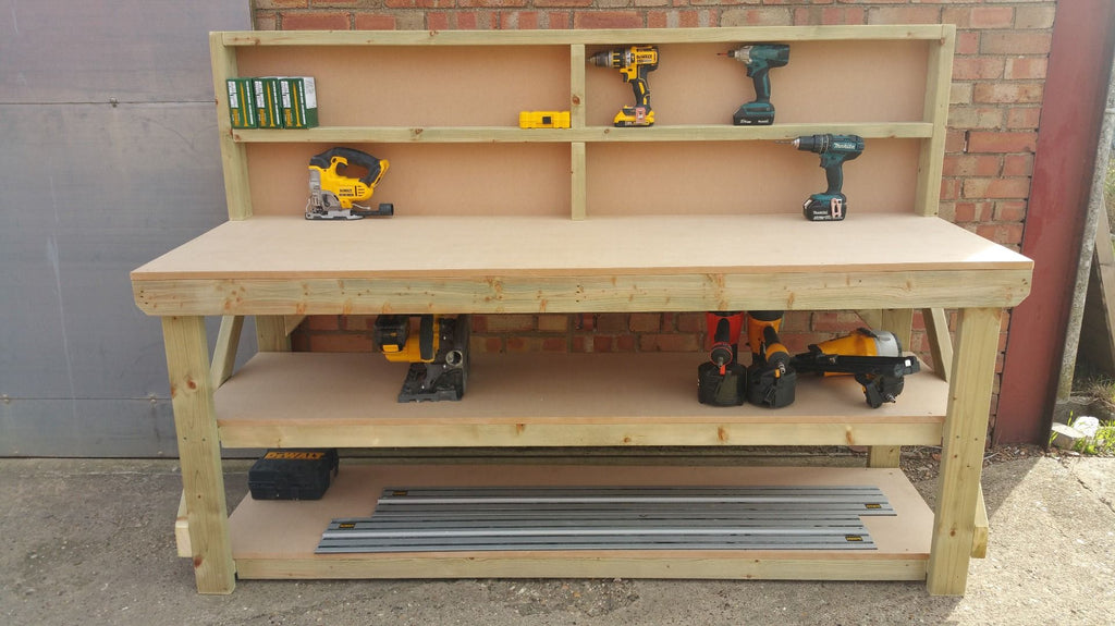 Wooden MDF top workbench with back panel and double shelf