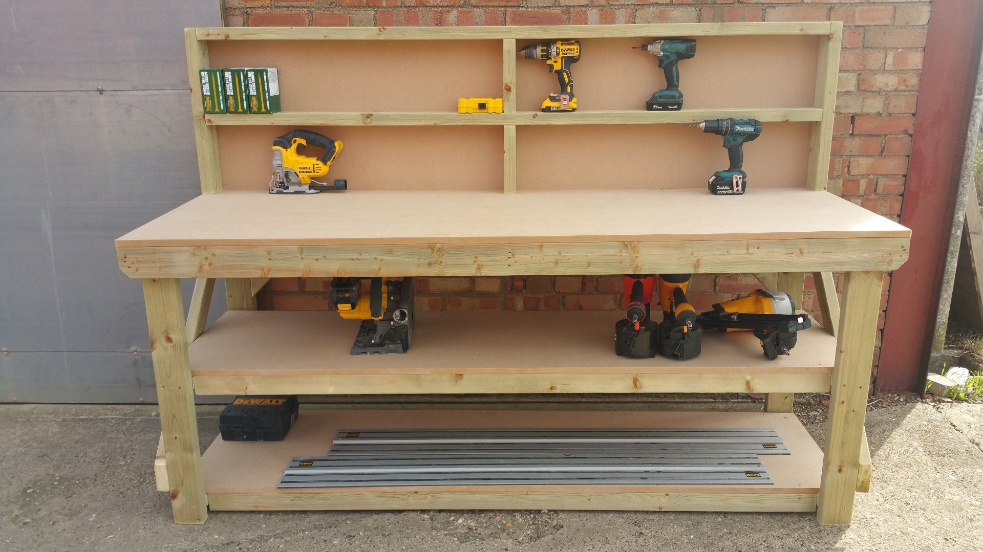 Wooden MDF top workbench with back panel and double shelf