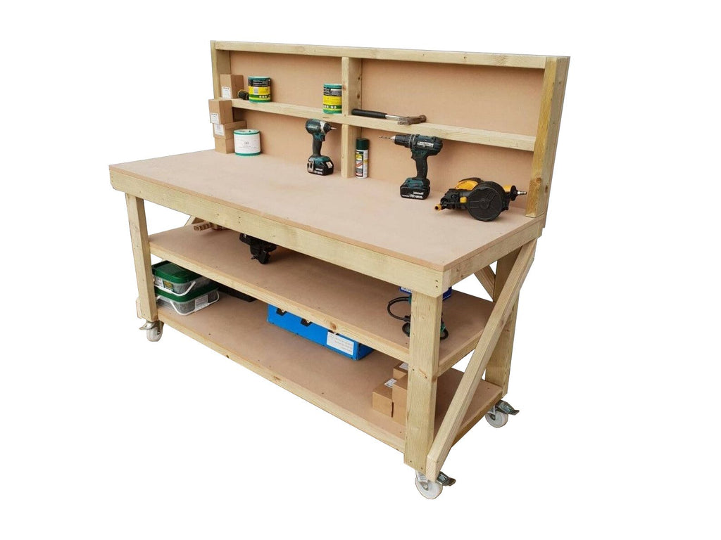 Wooden MDF top workbench with back panel, double shelf and wheels