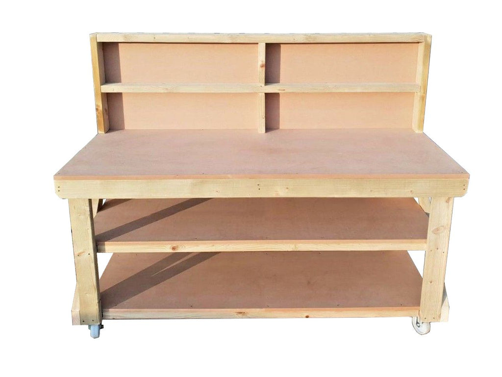 Wooden MDF top workbench with back panel, double shelf and wheels