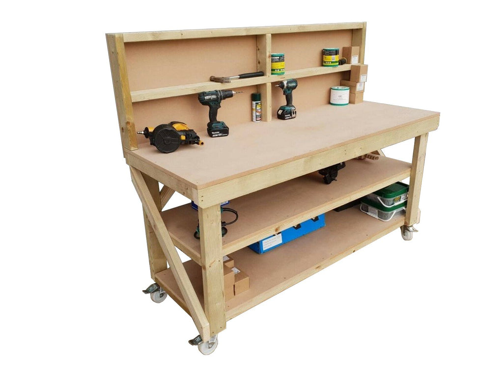 Wooden MDF top workbench with back panel, double shelf and wheels