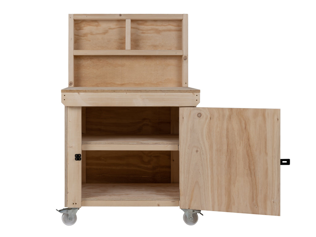 Wooden Plywood Top Workbench With Lockable Cupboard (V.9) With back panel, With wheels, Double Shelf