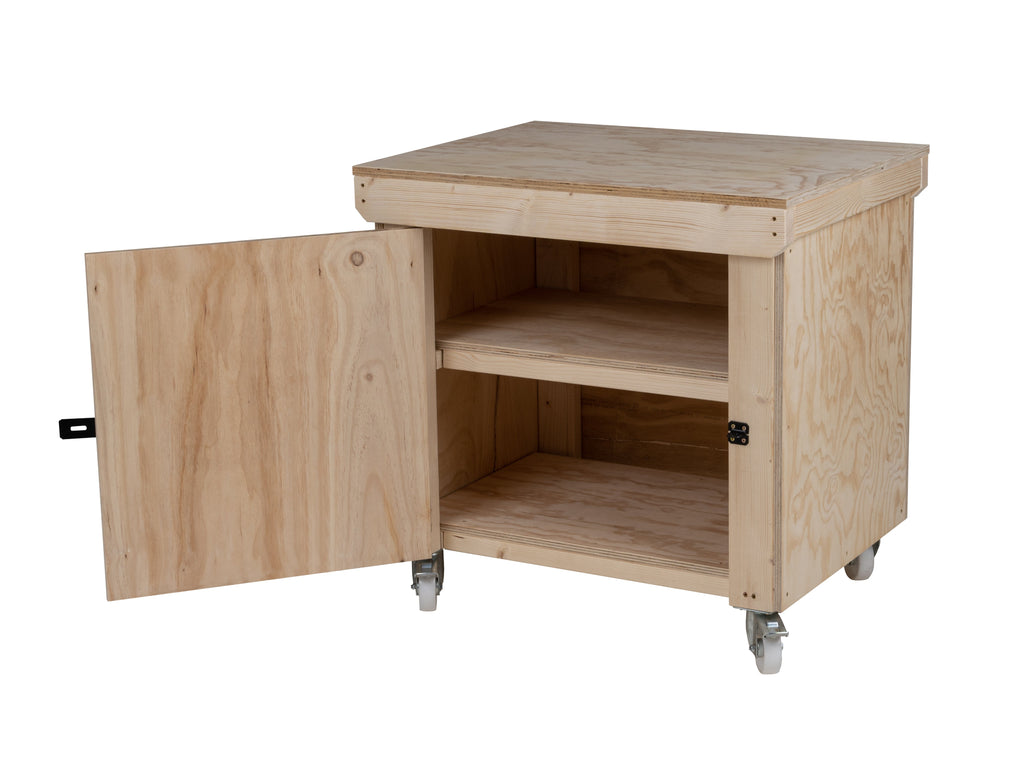 Wooden Plywood Top Workbench With Lockable Cupboard (V.9) With Wheels, Double Shelf