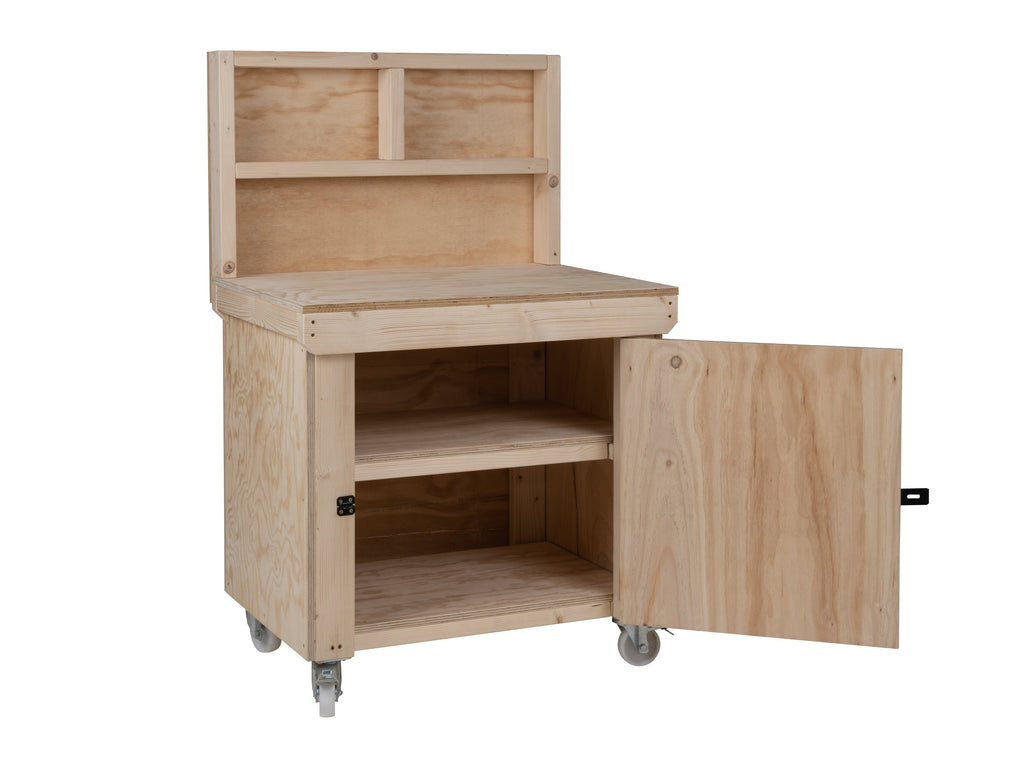 Wooden Plywood Top Workbench With Lockable Cupboard (V.9) With back panel, With wheels, Double Shelf