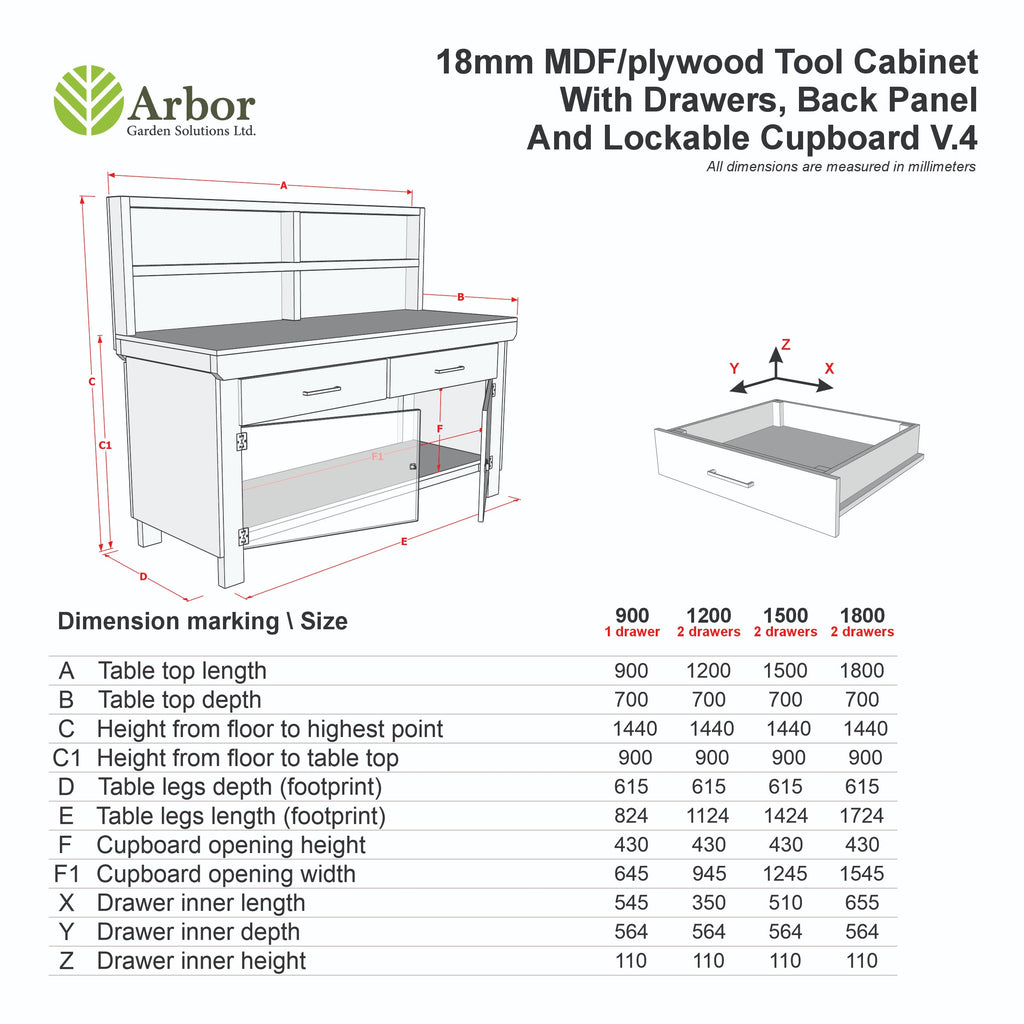 Wooden Eucalyptus hardwood top storage workbench with lockable cupboard and drawers (V.4) with back