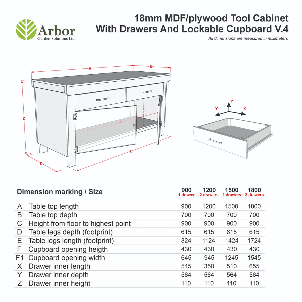 Wooden Eucalyptus hardwood top storage workbench with lockable cupboard and drawers (V.4)