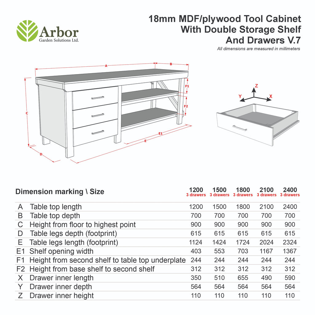 Wooden Eucalyptus top tool cabinet workbench with storage shelf (V.7) with double shelf