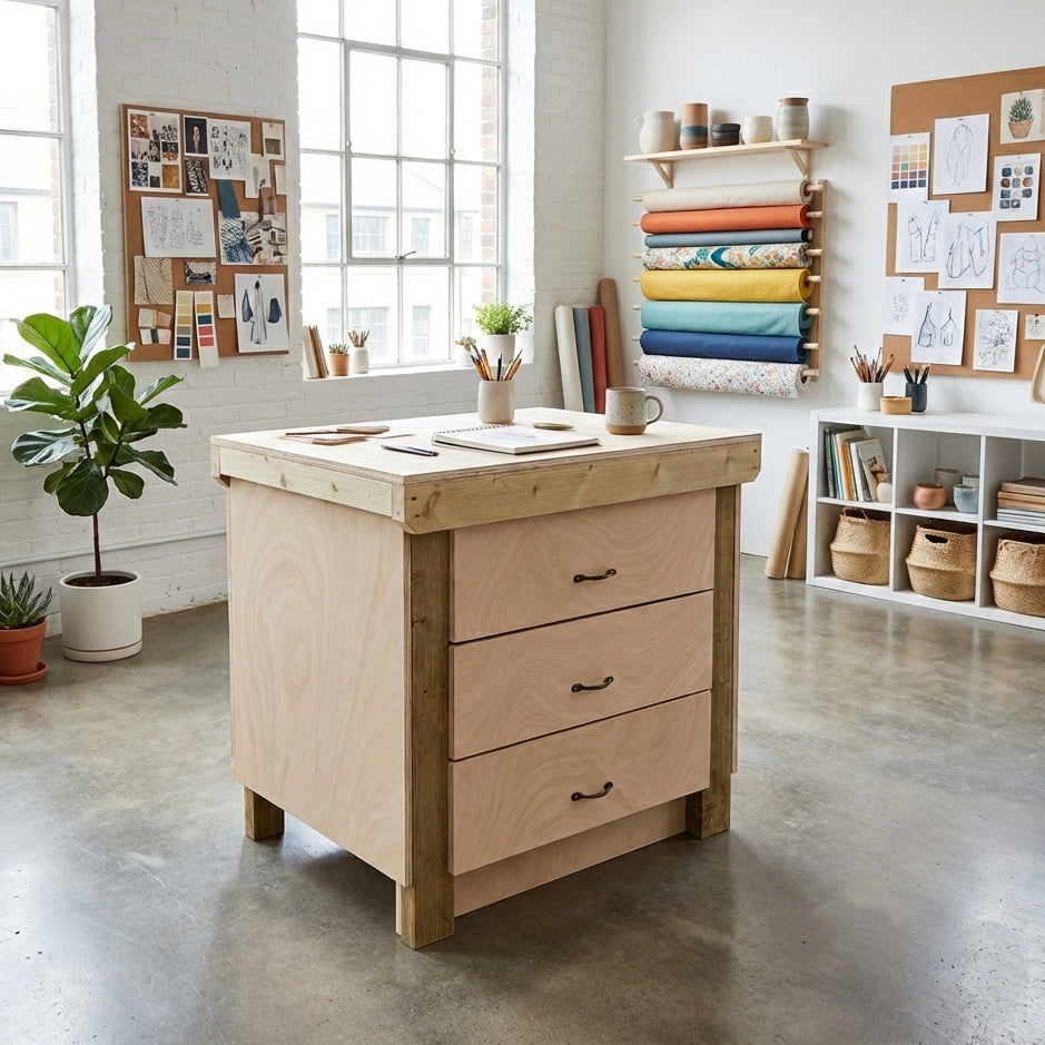 Wooden Eucalyptus Hardwood Top Workbench, Tool Cabinet With Drawers (V.2)