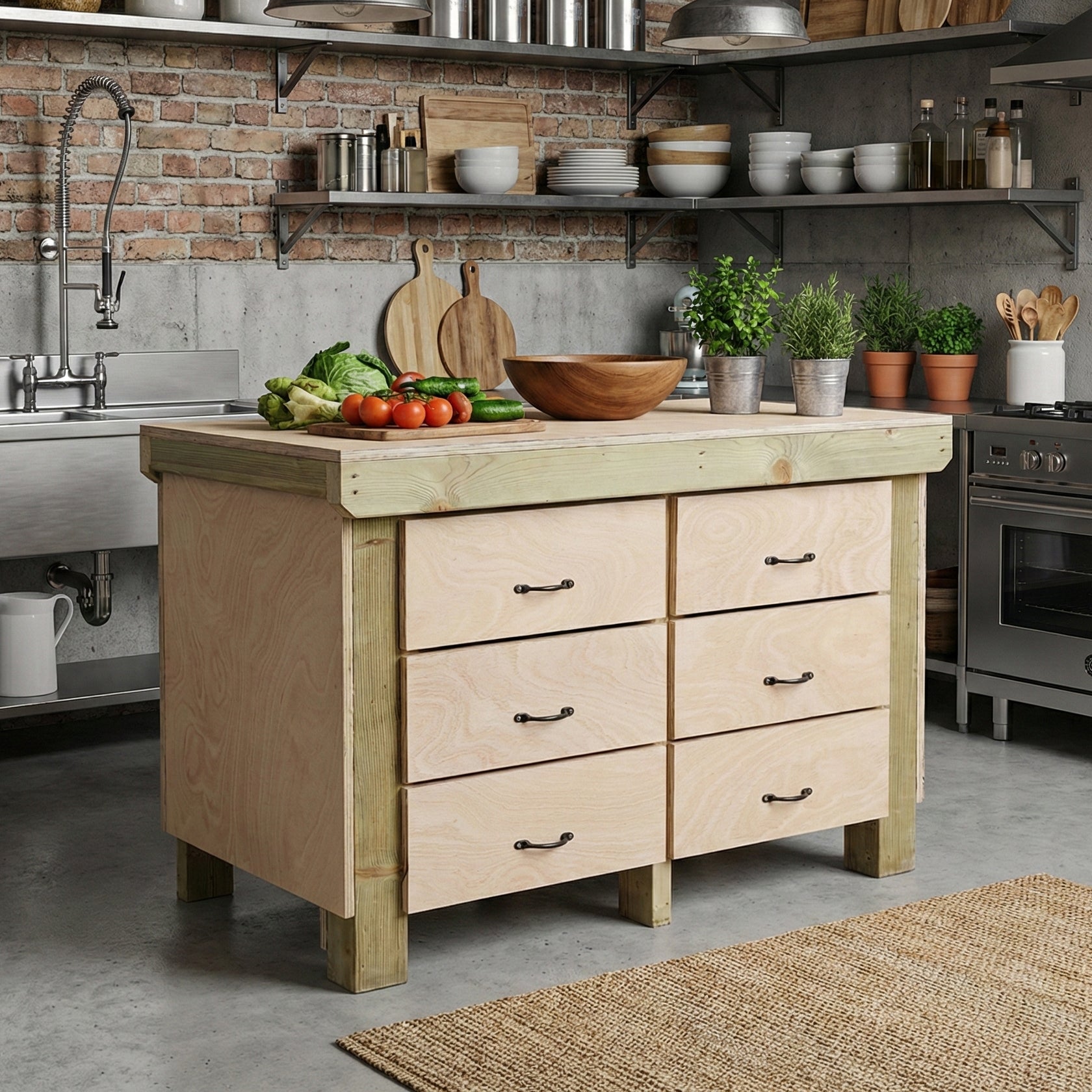Wooden Eucalyptus Hardwood Top Workbench, Tool Cabinet With Drawers (V.2)