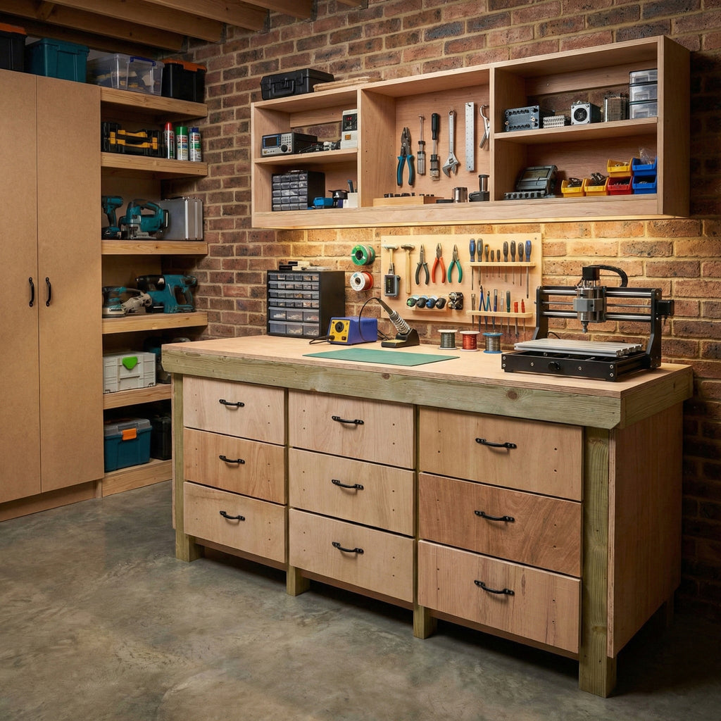 Wooden Eucalyptus Hardwood Top Workbench, Tool Cabinet With Drawers (V.2)