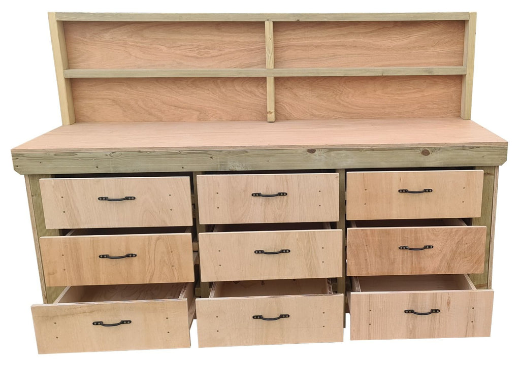 Wooden Eucalyptus Hardwood Top Workbench, Tool Cabinet With Drawers (V.2) With Back Panel