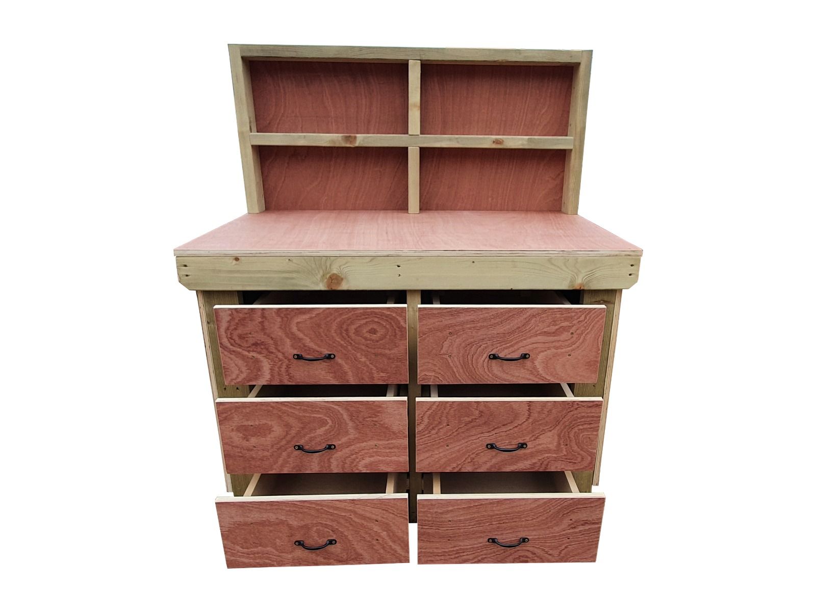 Wooden Eucalyptus Hardwood Top Workbench, Tool Cabinet With Drawers (V.2) With Back Panel