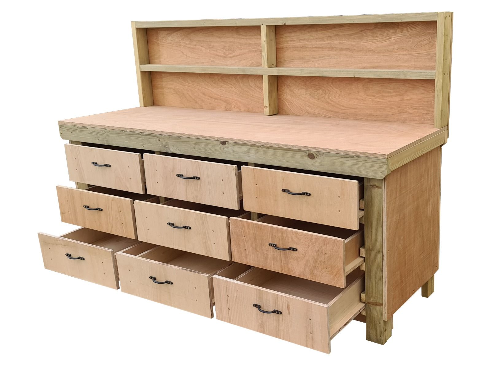 Wooden Eucalyptus Hardwood Top Workbench, Tool Cabinet With Drawers (V.2) With Back Panel