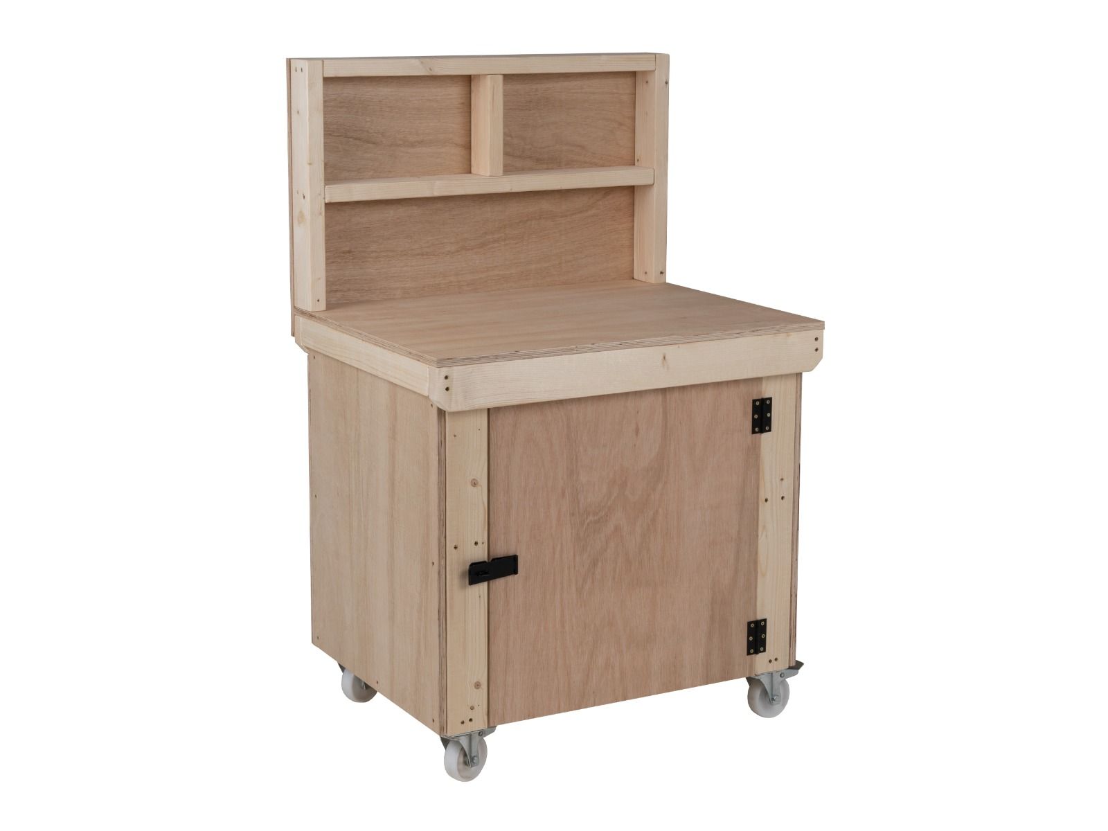 Wooden Eucalyptus hardwood top workbench with lockable cupboard (V.9) with back panel and wheels