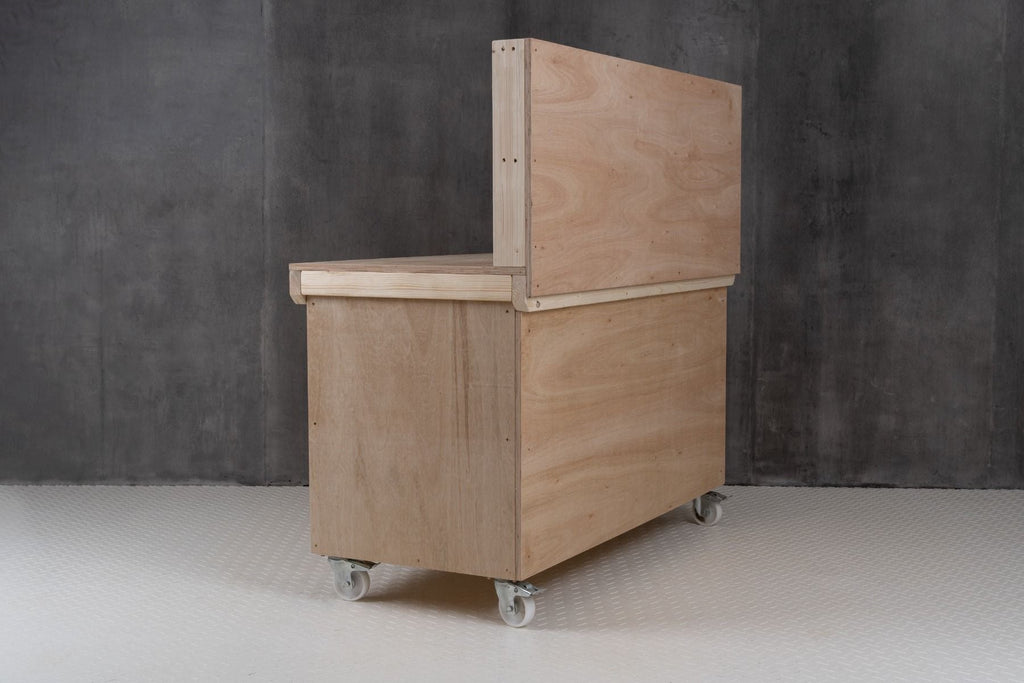 Wooden Eucalyptus hardwood top workbench with lockable cupboard (V.9) with back panel and wheels