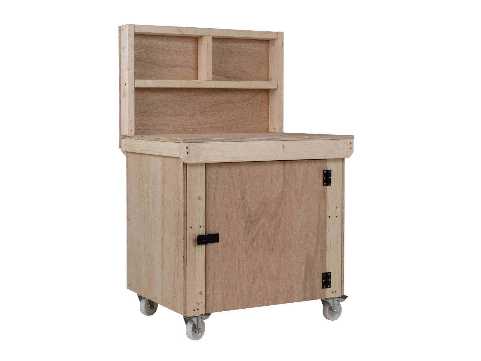 Wooden Eucalyptus hardwood top workbench with lockable cupboard (V.9) with back panel and wheels