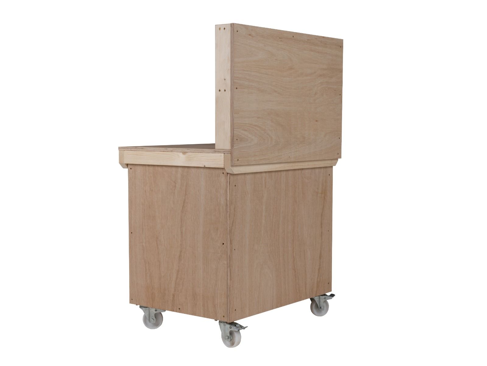 Wooden Eucalyptus hardwood top workbench with lockable cupboard (V.9) with back panel and wheels