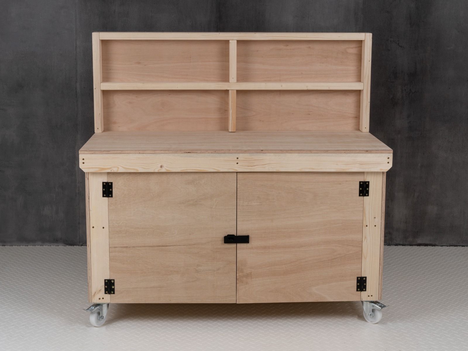 Wooden Eucalyptus hardwood top workbench with lockable cupboard (V.9) with back panel and wheels