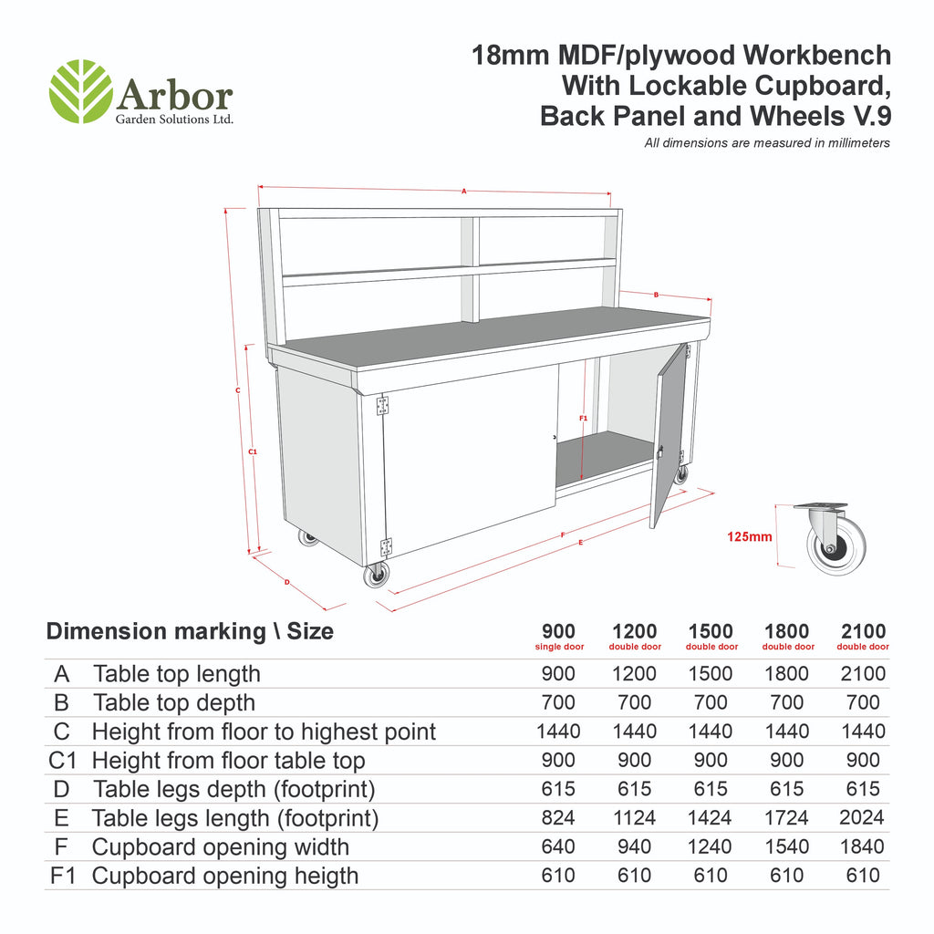 Wooden Eucalyptus hardwood top workbench with lockable cupboard (V.9) with back panel and wheels