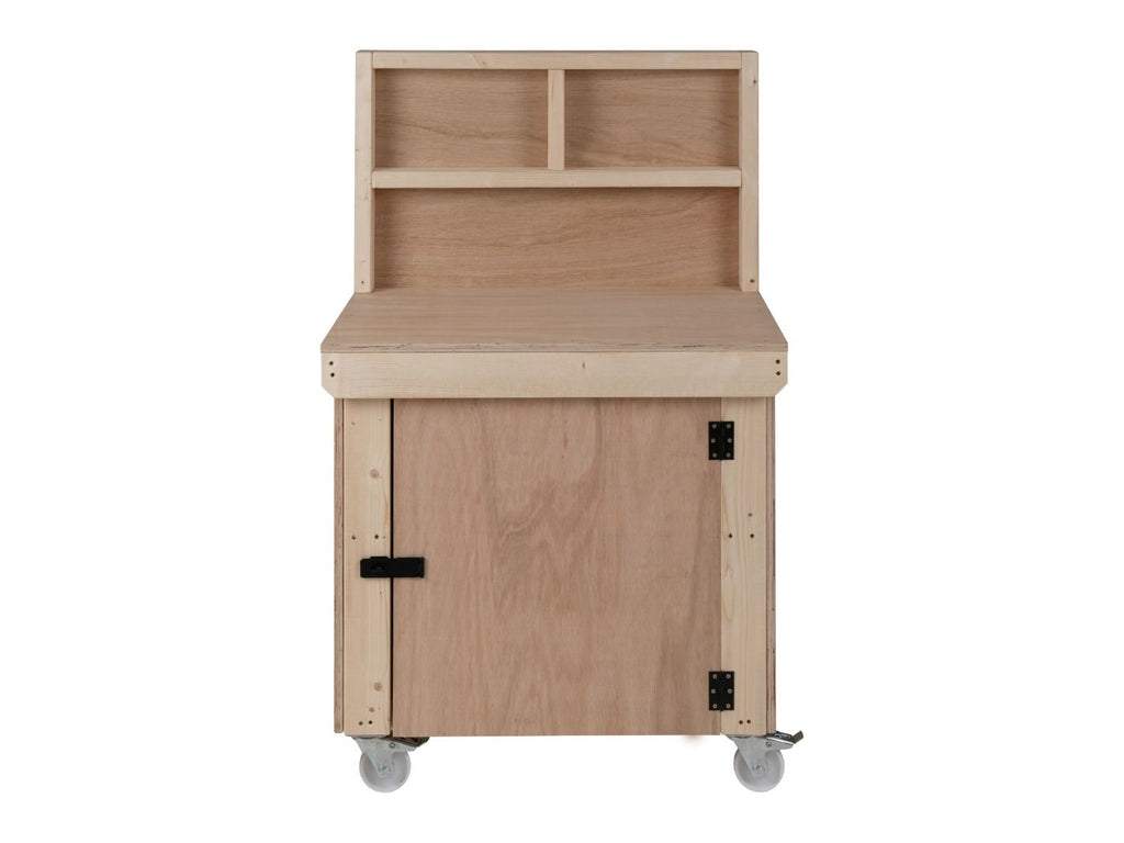 Wooden Eucalyptus hardwood workbench with lockable cupboard (V.9) with back panel, double shelf, wheels