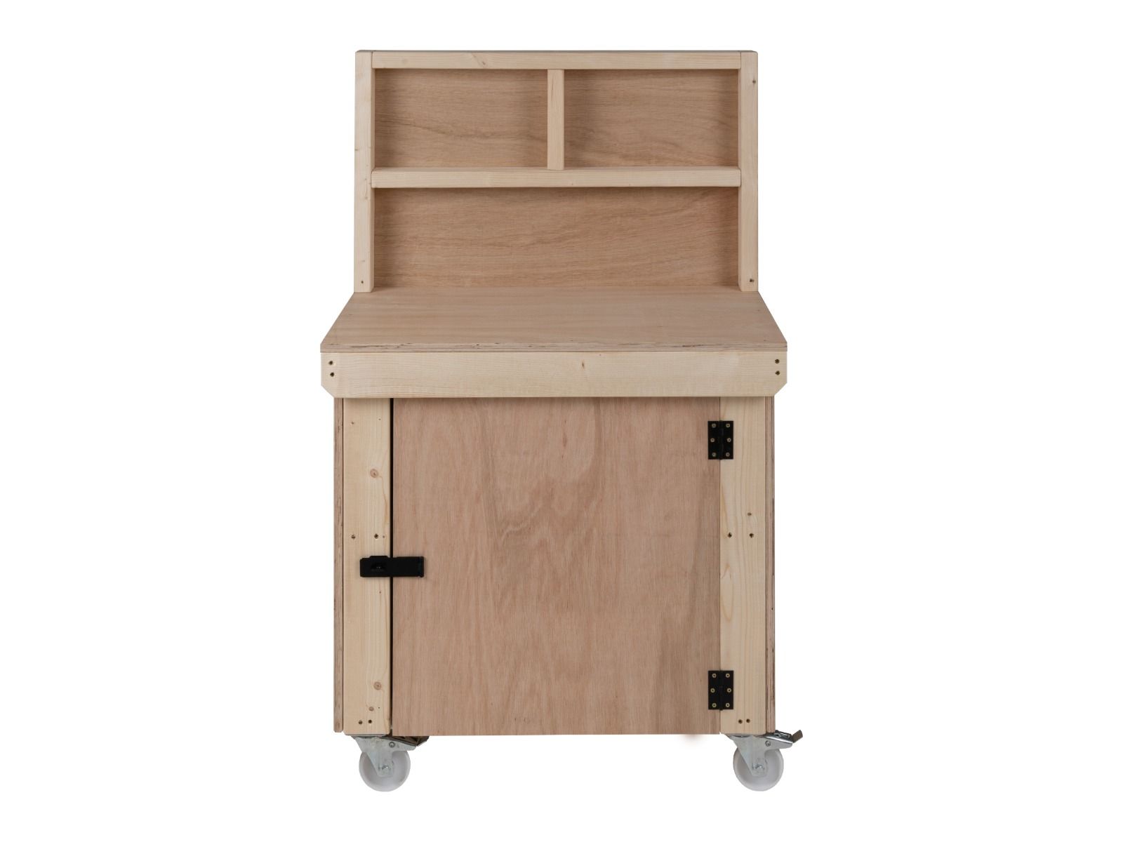 Wooden Eucalyptus hardwood workbench with lockable cupboard (V.9) with back panel, double shelf, wheels