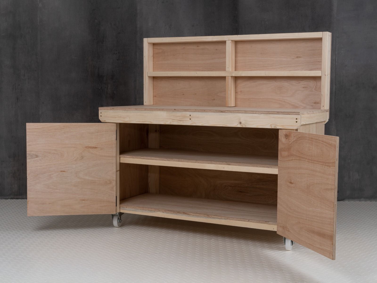 Wooden Eucalyptus hardwood workbench with lockable cupboard (V.9) with back panel, double shelf, wheels